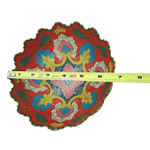 Vintage Multicolor Brass Enamel Scalloped Edge Raw Brass Foot Peacock Bowl Sz 6" - Picture 8 of 12